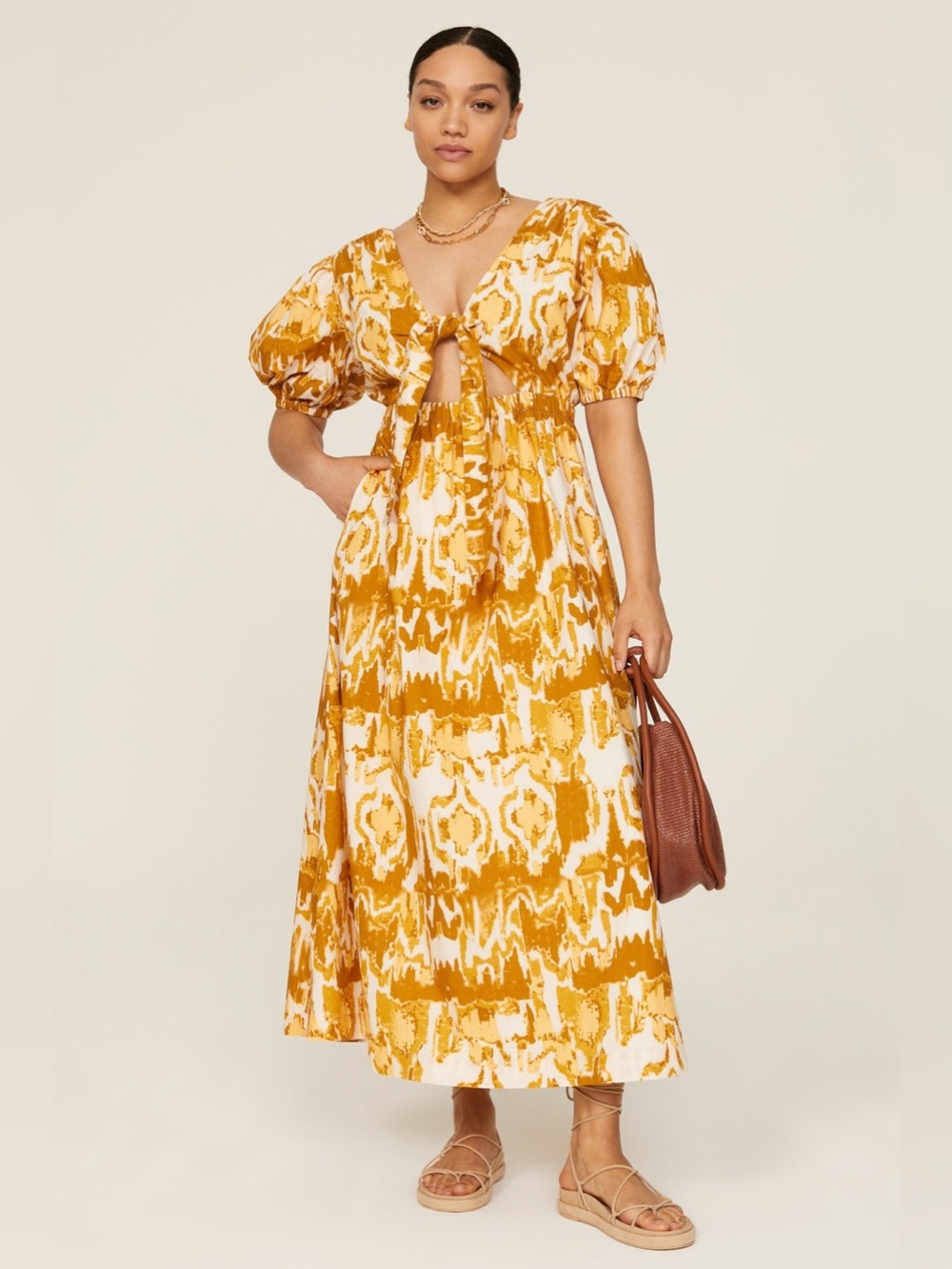 Cleobella Sadie Midi Dress Yellow Watercolor Ikat Print size large